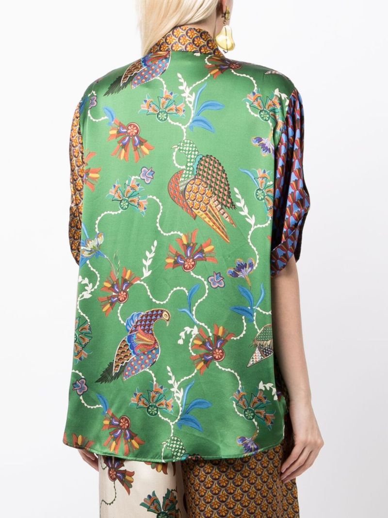 Green Birdie Spliced Mix-print Silk Shirt