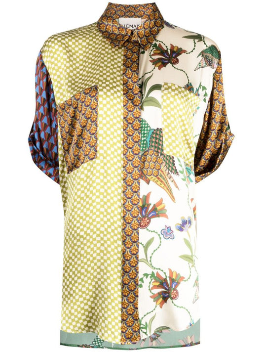 Green Birdie Spliced Mix-print Silk Shirt