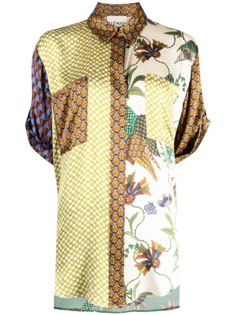 Green Birdie Spliced Mix-print Silk Shirt