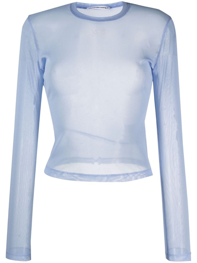 Blue Mesh Rhinestone-embellished Top