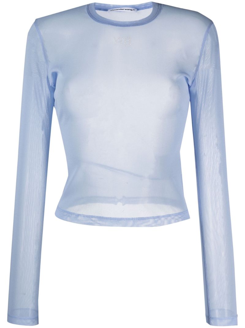Blue Mesh Rhinestone-embellished Top
