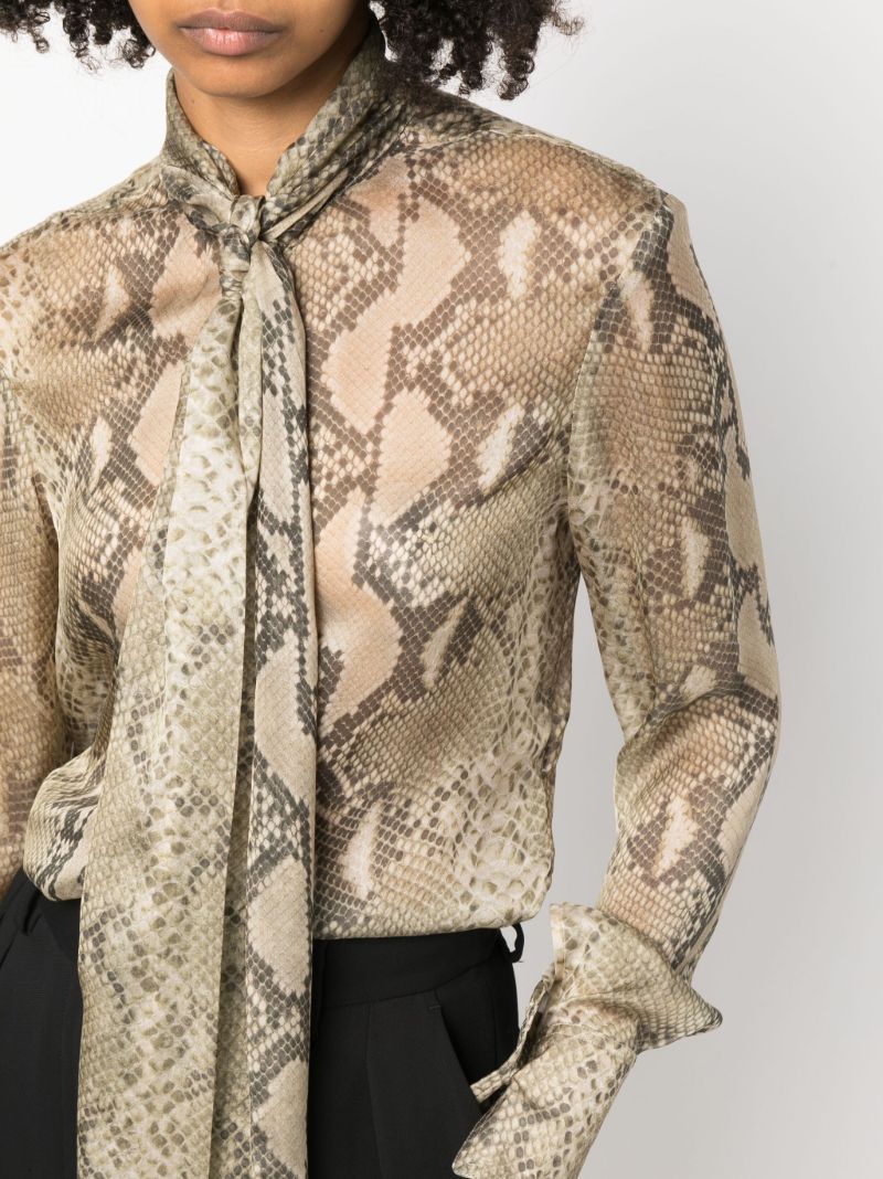 Brown Python-print Pussybow Silk Shirt