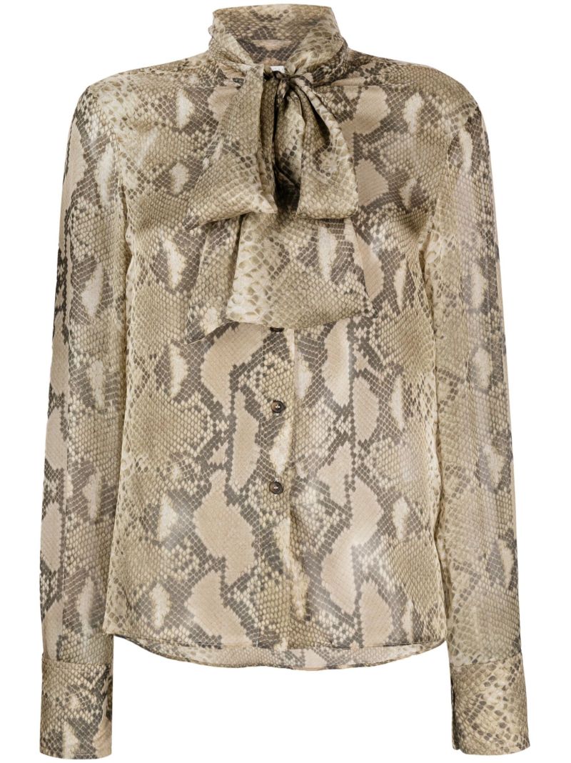 Brown Python-print Pussybow Silk Shirt