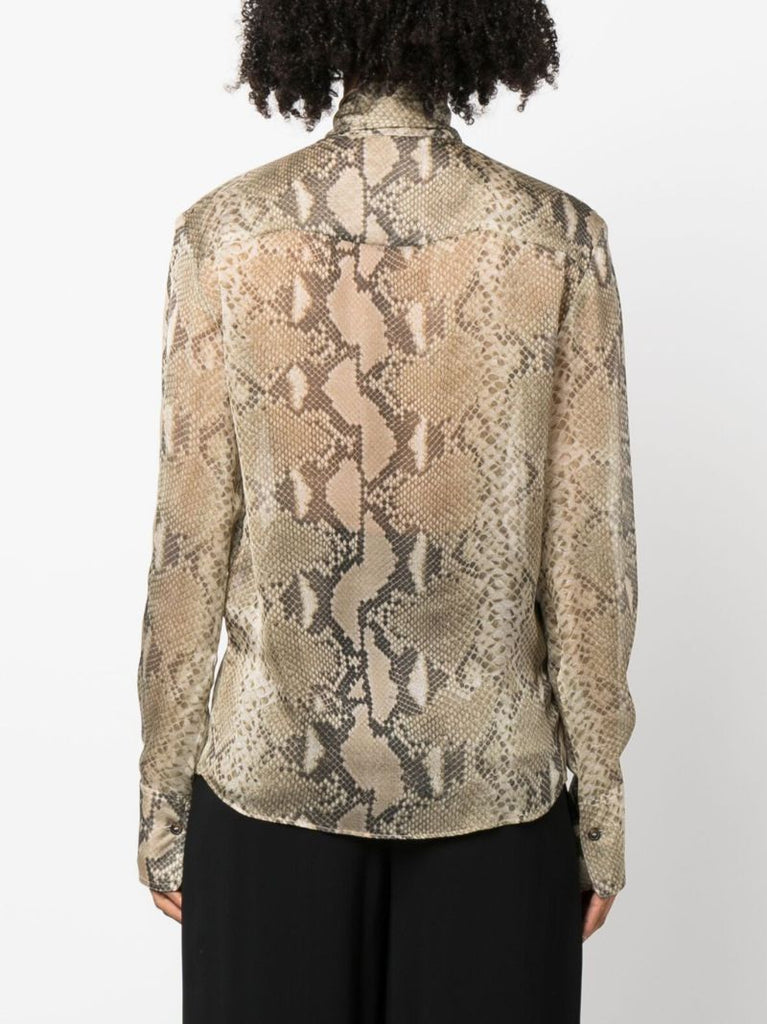 Brown Python-print Pussybow Silk Shirt