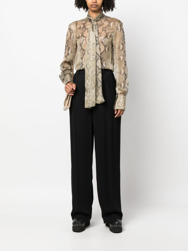 Brown Python-print Pussybow Silk Shirt