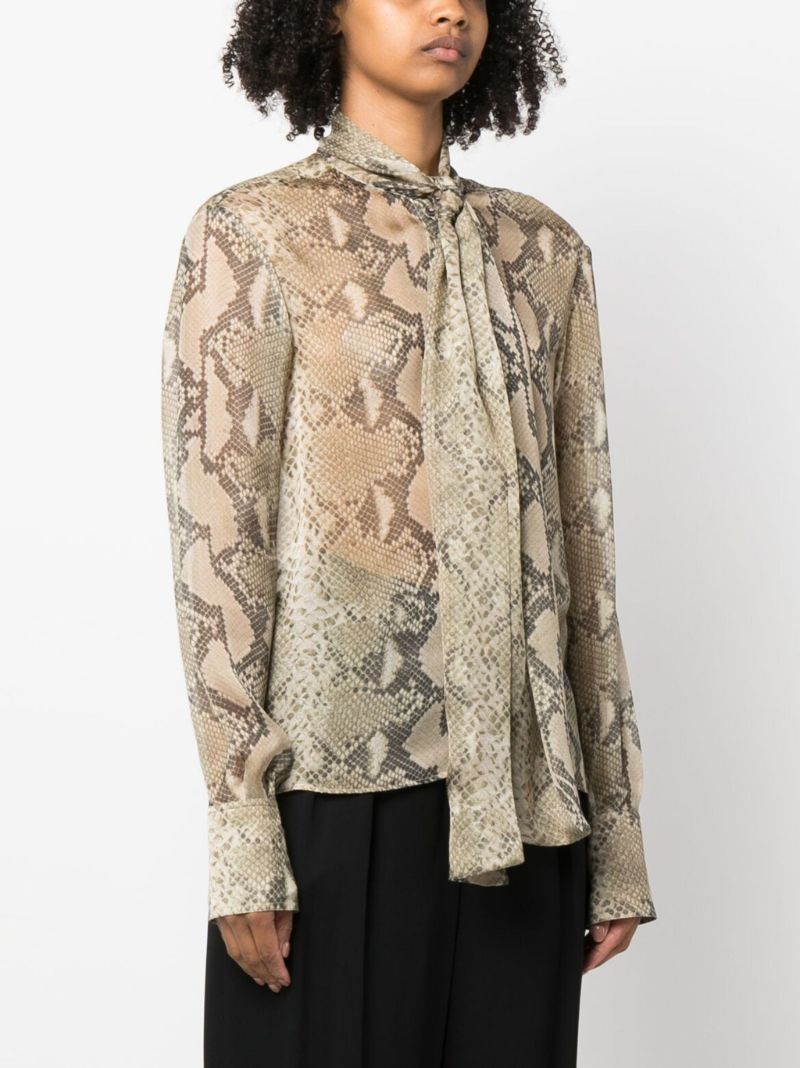 Brown Python-print Pussybow Silk Shirt