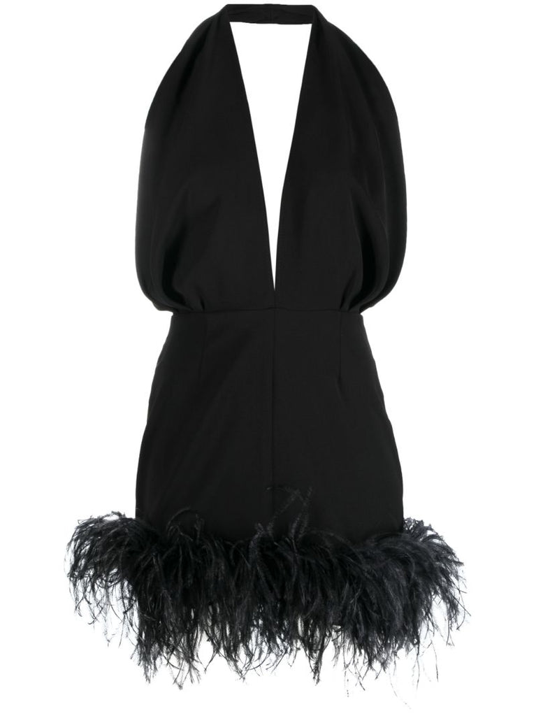 Black Open Back Feather Mini Dress