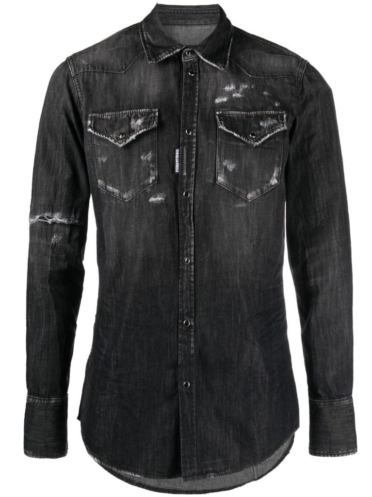 Black Distressed Denim Shirt