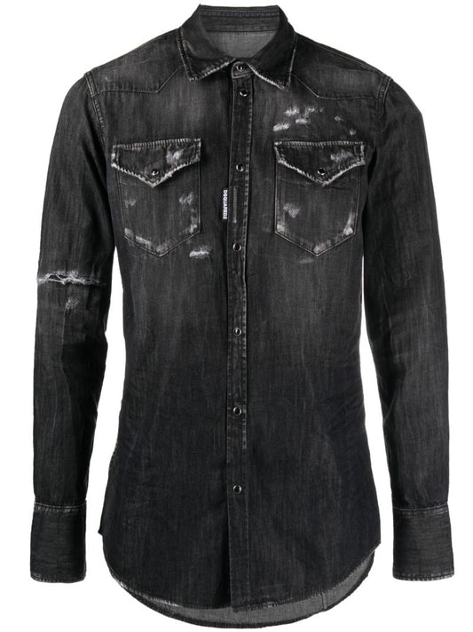 Black Distressed Denim Shirt
