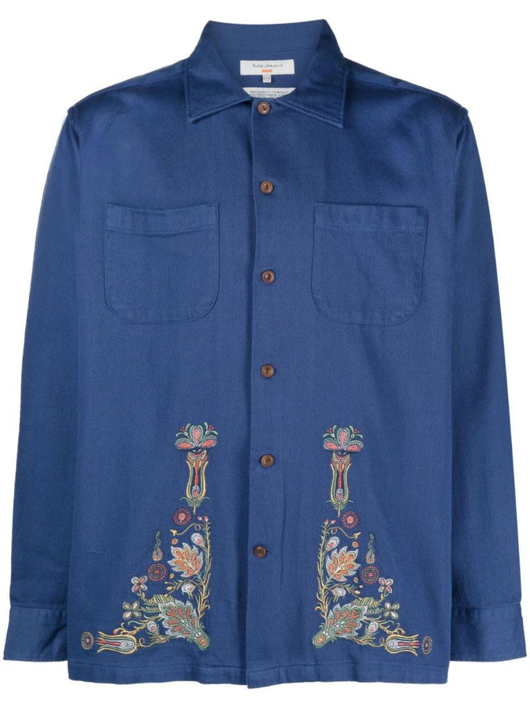 Blue Vincent Floral-embroidered Cotton Shirt