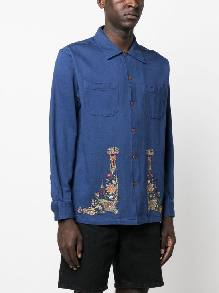 Blue Vincent Floral-embroidered Cotton Shirt