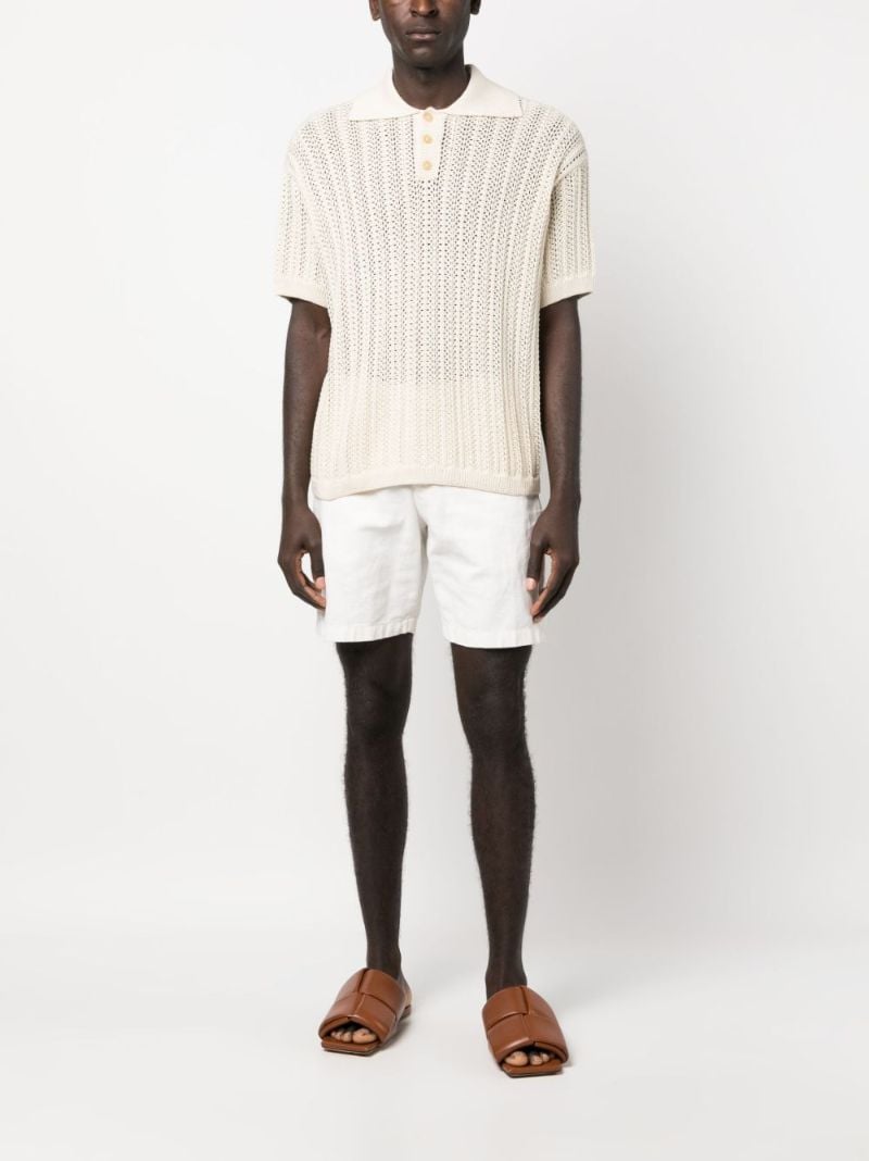 White Open-knit Linen Polo Shirt