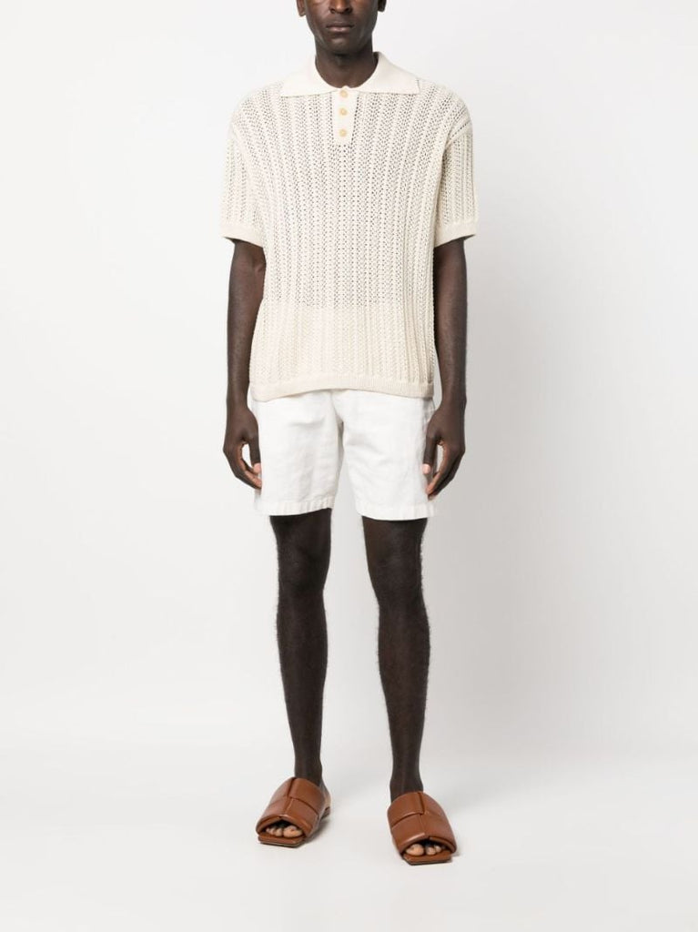 White Open-knit Linen Polo Shirt