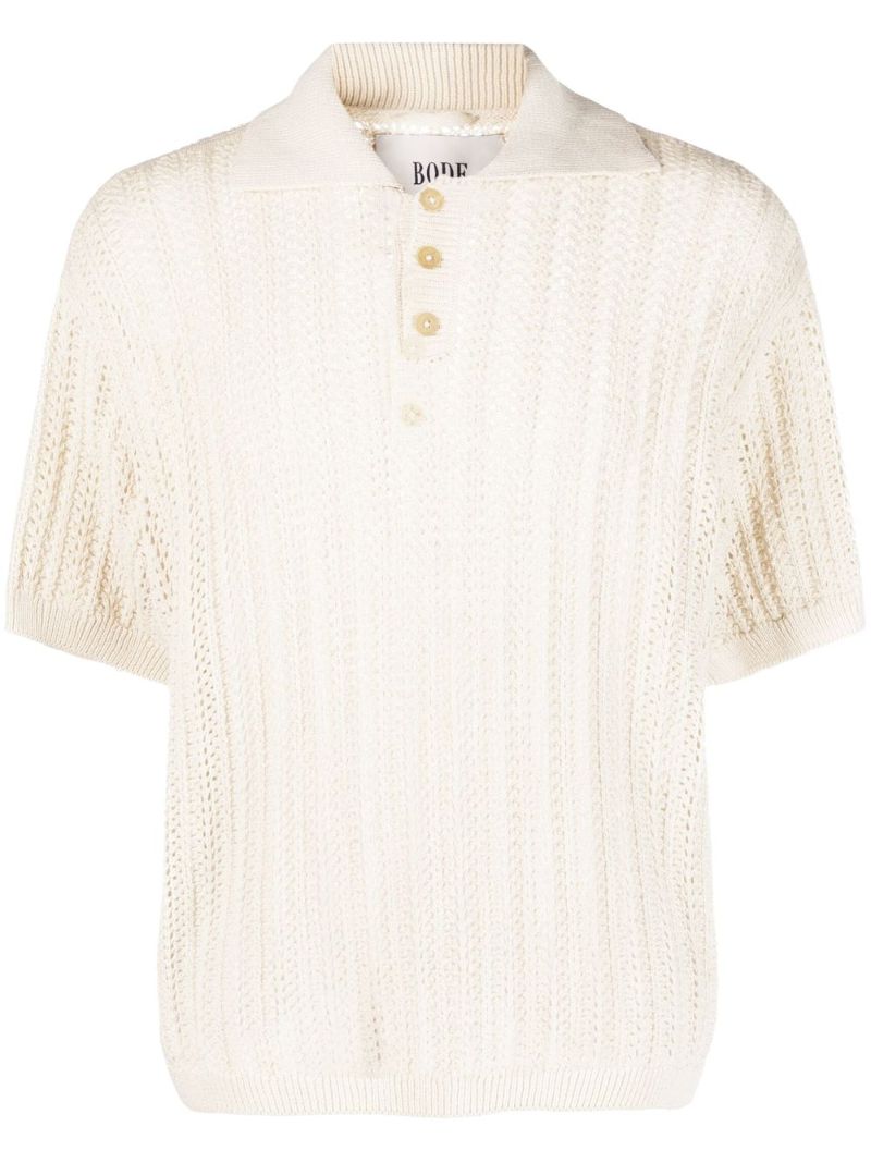 White Open-knit Linen Polo Shirt