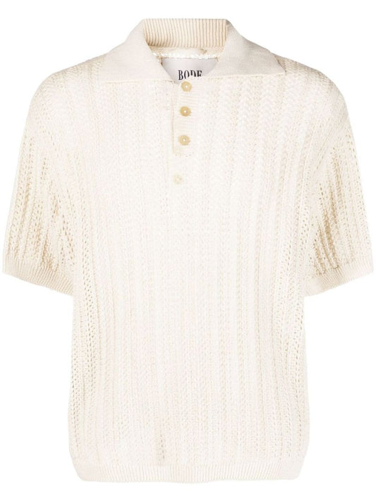 White Open-knit Linen Polo Shirt