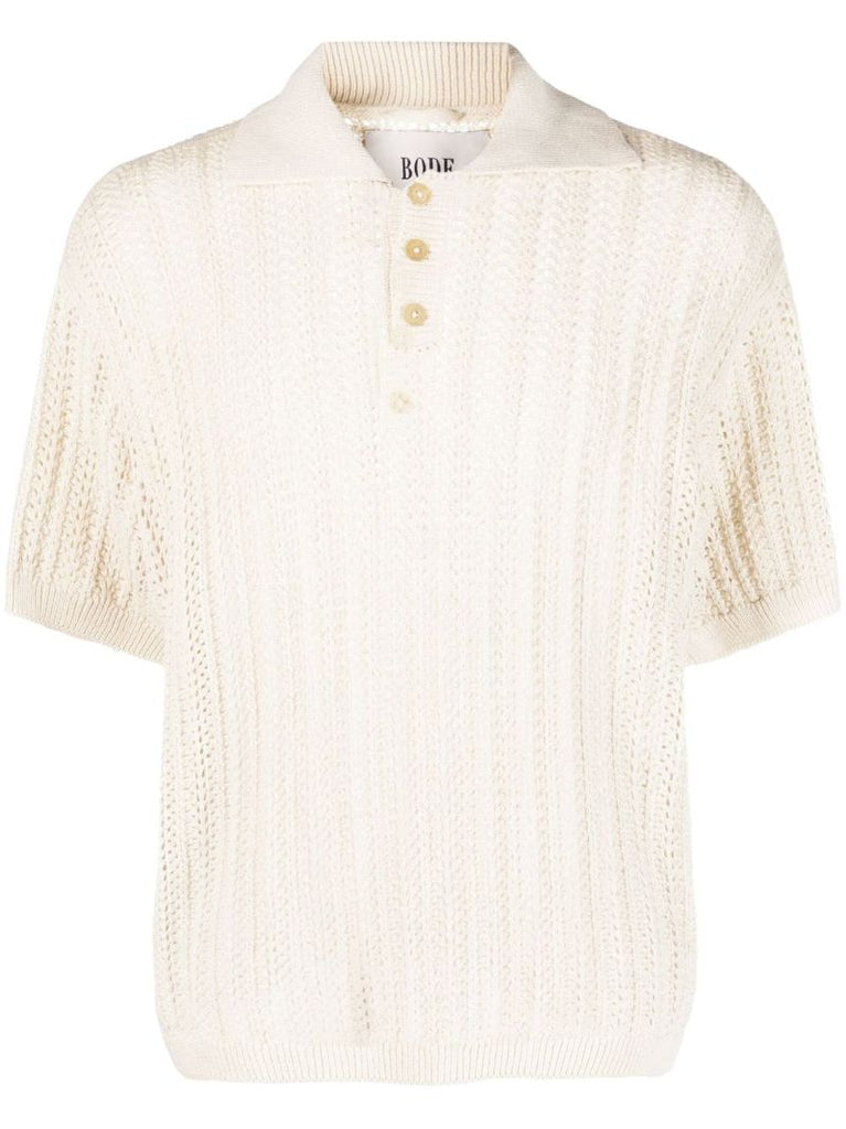 White Open-knit Linen Polo Shirt