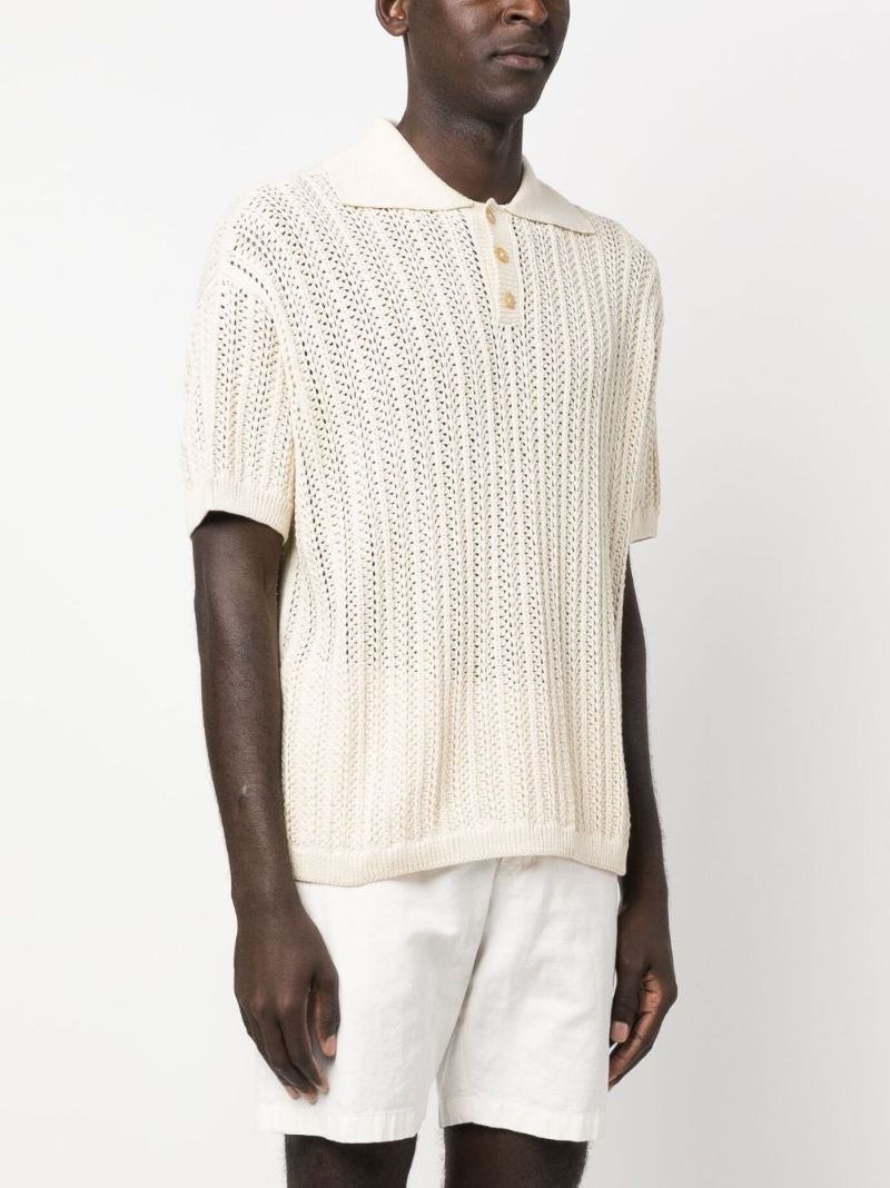 White Open-knit Linen Polo Shirt