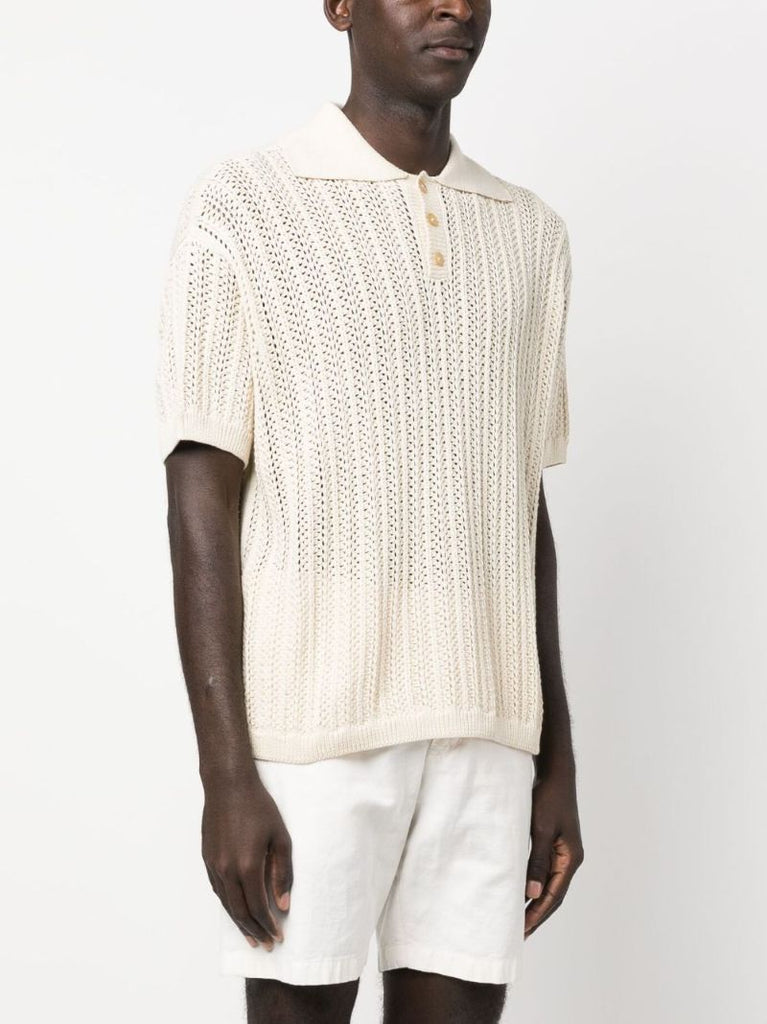 White Open-knit Linen Polo Shirt