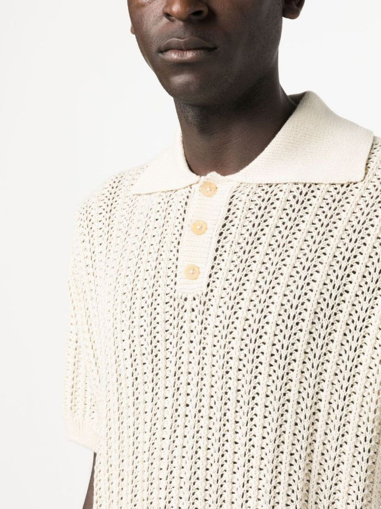 White Open-knit Linen Polo Shirt