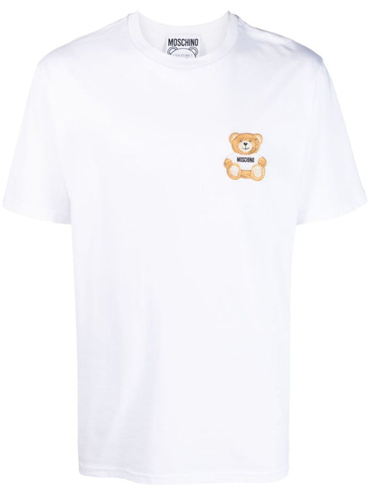 White Teddy Bear-patch Cotton T-shirt