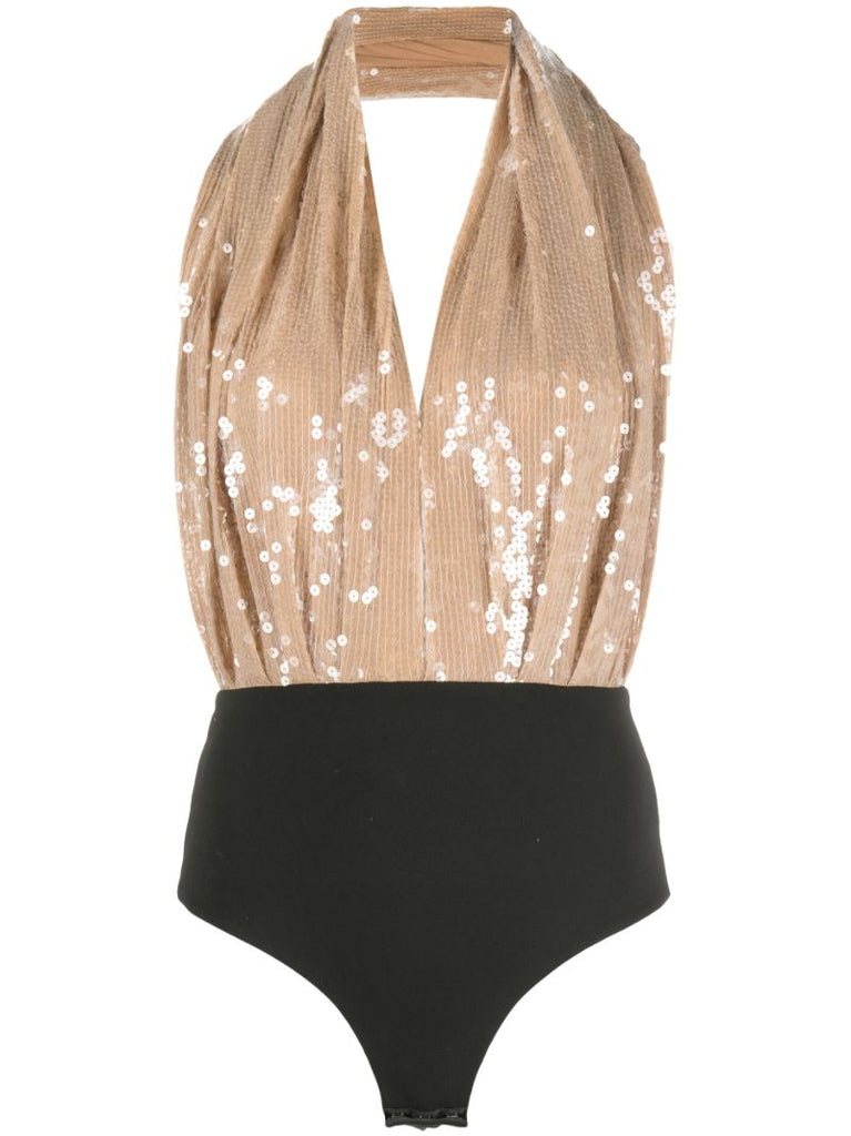 Beige Vesper Sequin Embellished Bodysuit