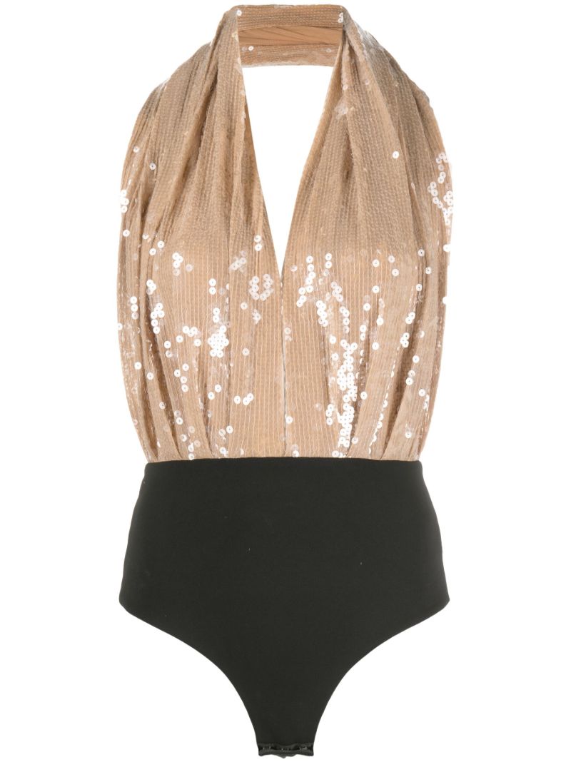 Beige Vesper Sequin Embellished Bodysuit