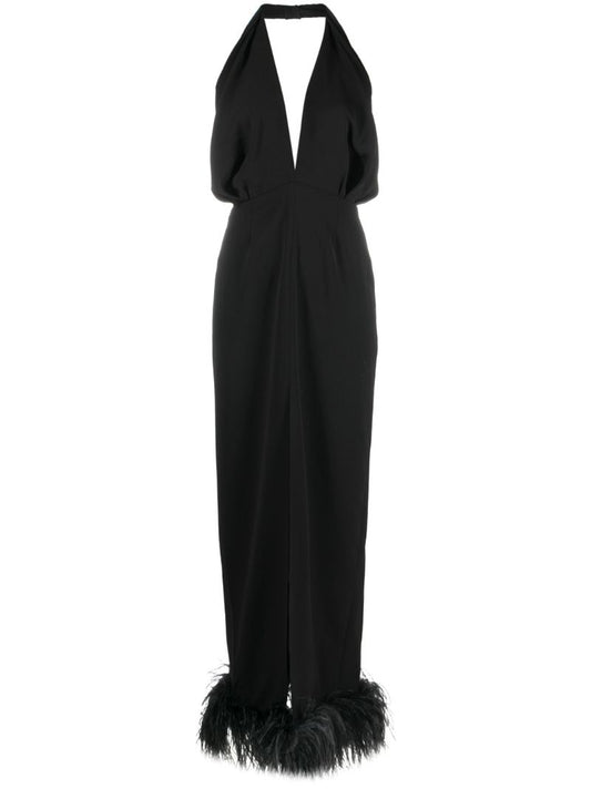 Black Feather-trimmed Maxi Dress