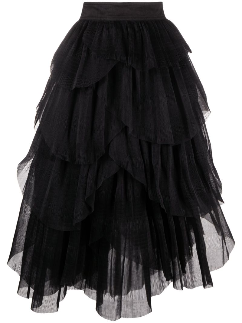 Black Elsie Ruffled Tulle Midi Skirt