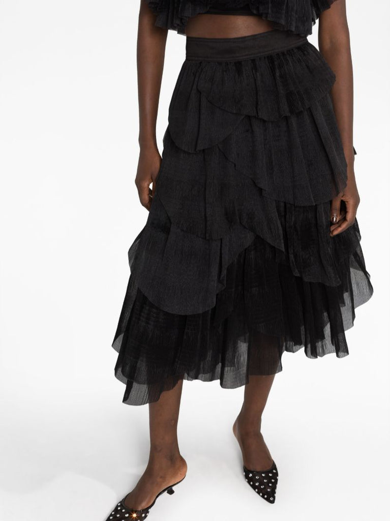 Black Elsie Ruffled Tulle Midi Skirt