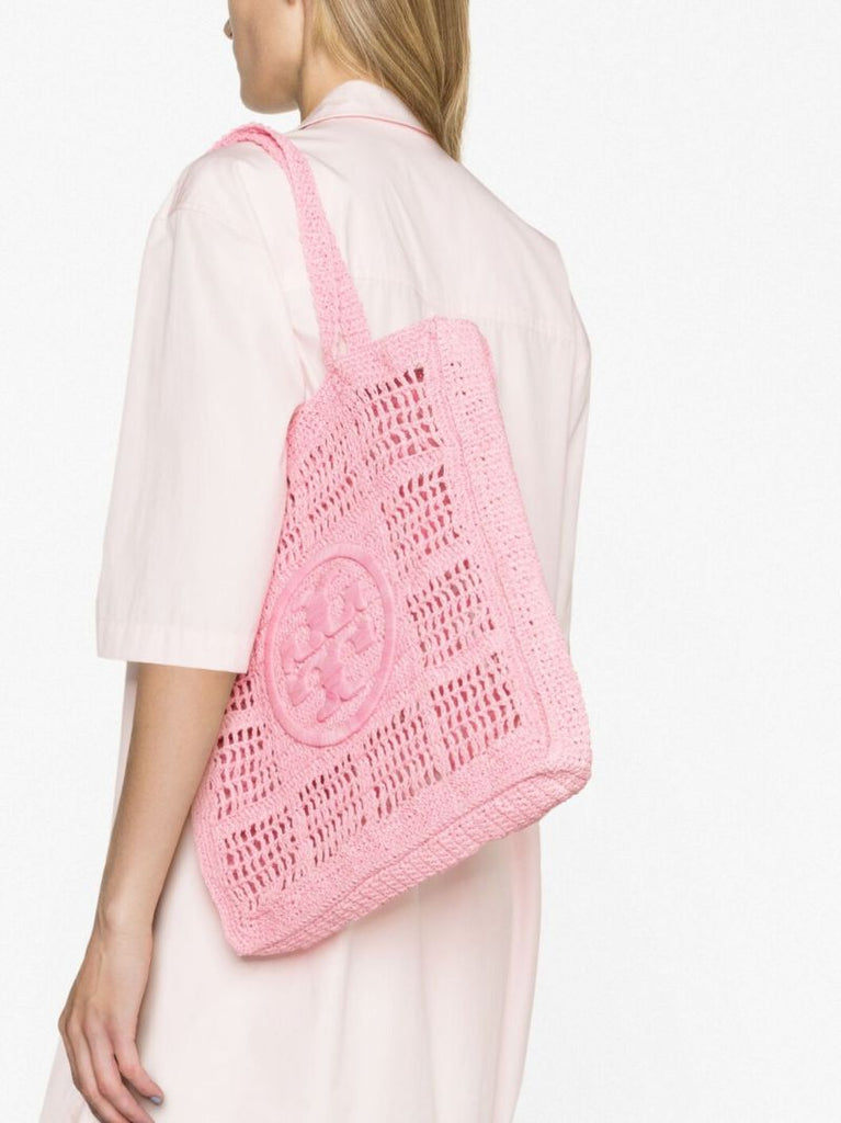 Pink Ella Crochet Raffia Tote Bag