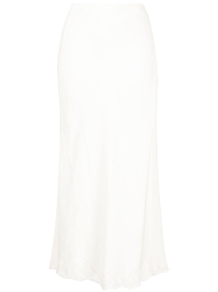 Neutral Crystal Lace Trim Midi Skirt