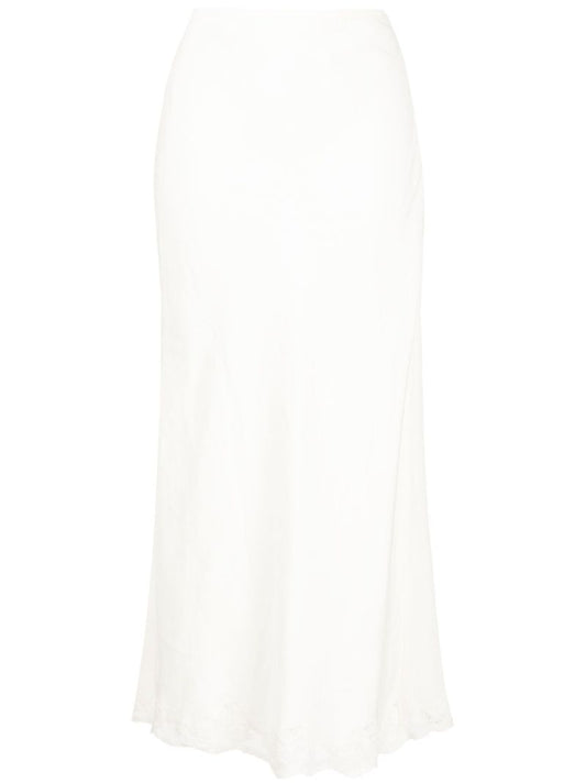 Neutral Crystal Lace Trim Midi Skirt