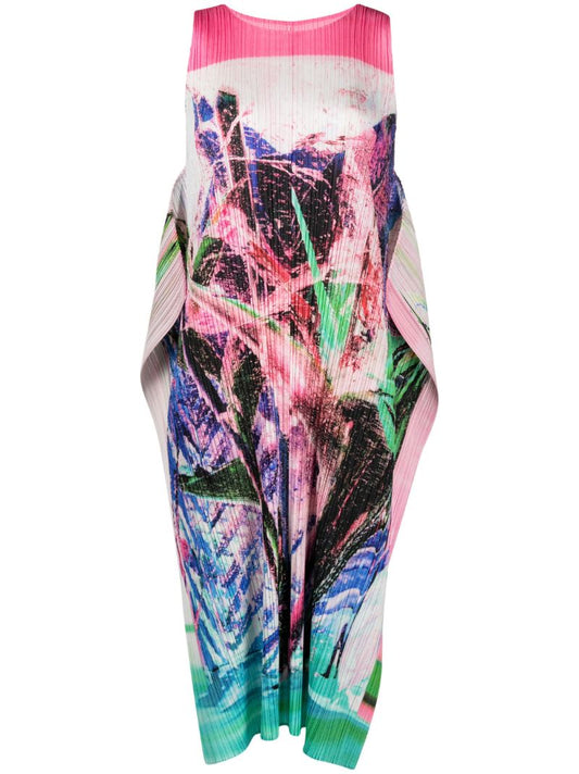 Pink Tropical Winter PlissÃ© Midi Dress