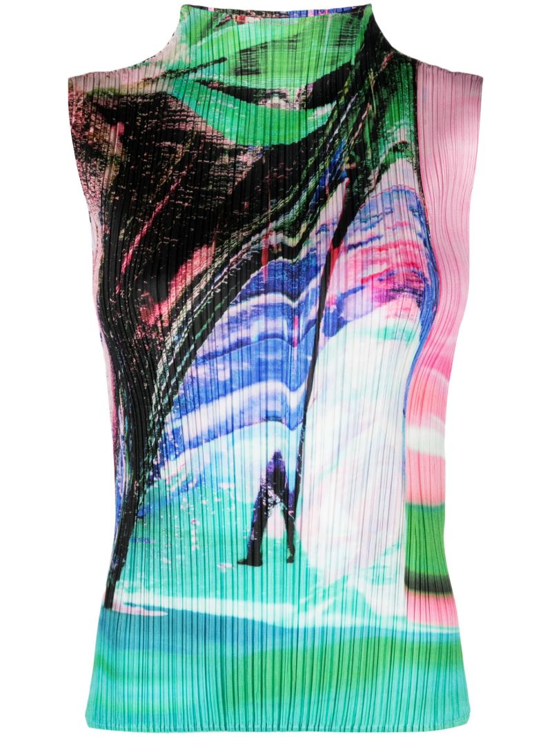 Blue Tropical Winter Sleeveless PlissÃ© Top