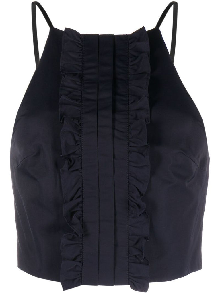 Blue Ruffled Pleated Cropped Top