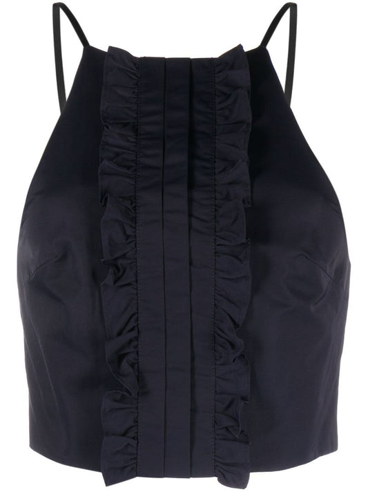 Blue Ruffled Pleated Cropped Top