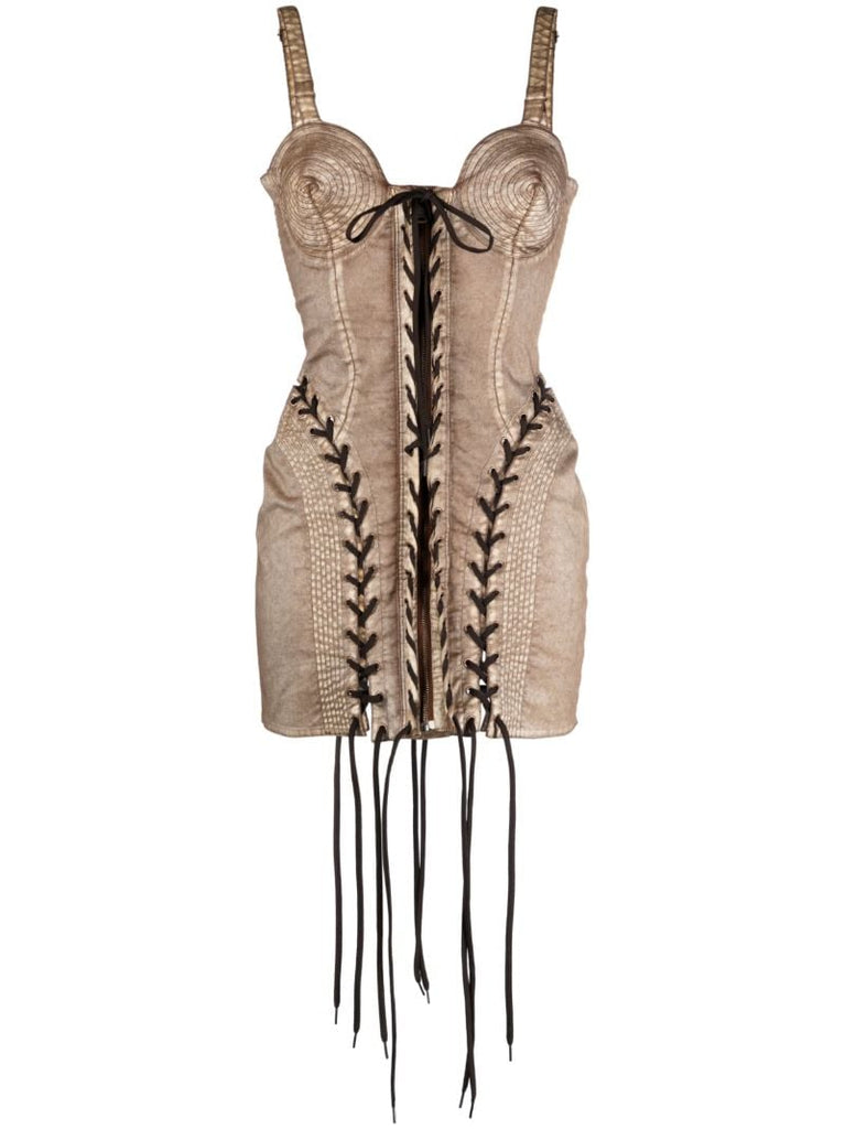 X Knwls Brown Conical Laced Mini Dress