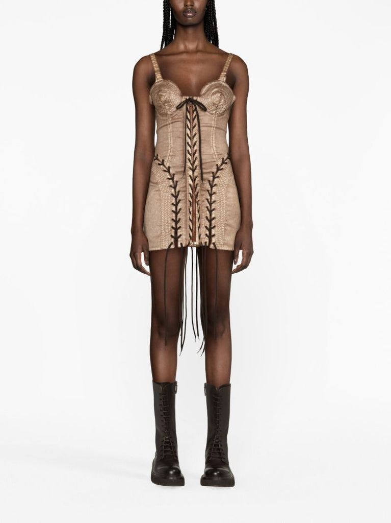 X Knwls Brown Conical Laced Mini Dress
