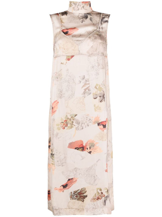 Neutral Floral-print Midi Dress