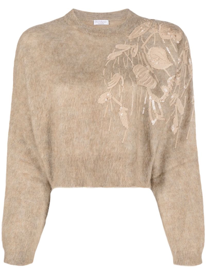 Brown Sequin-embellished Cropped Sweater
