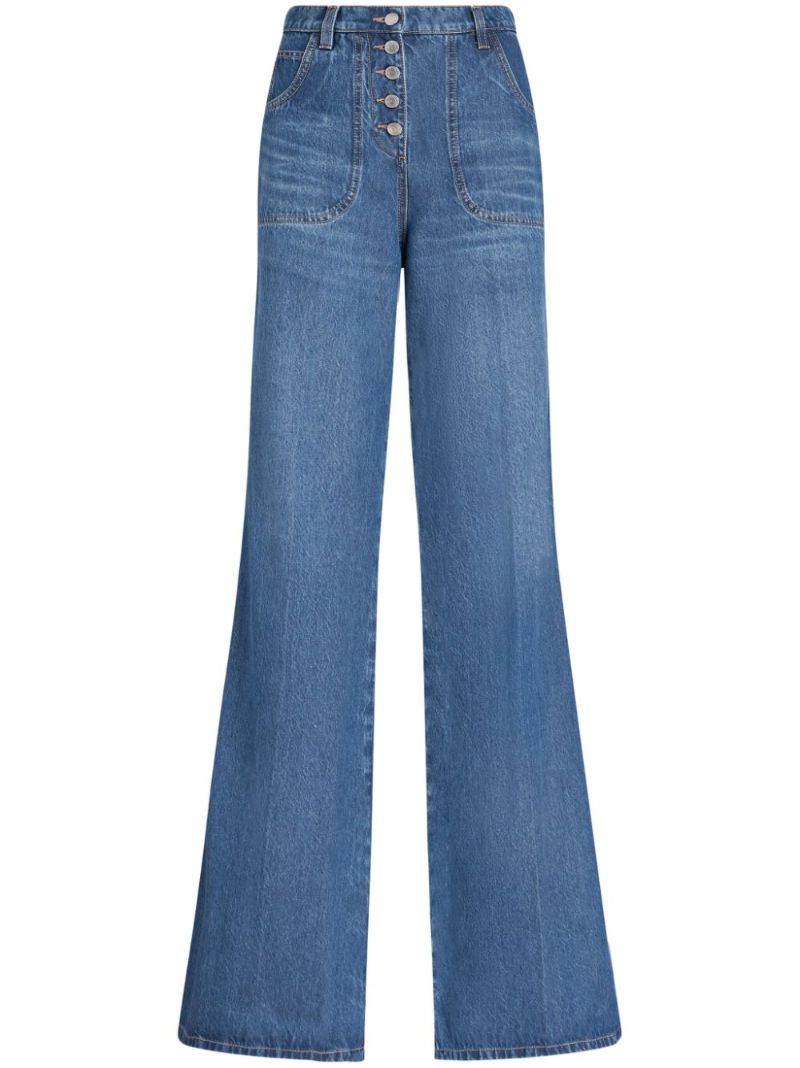 Blue Floral-embroidery Flared Jeans