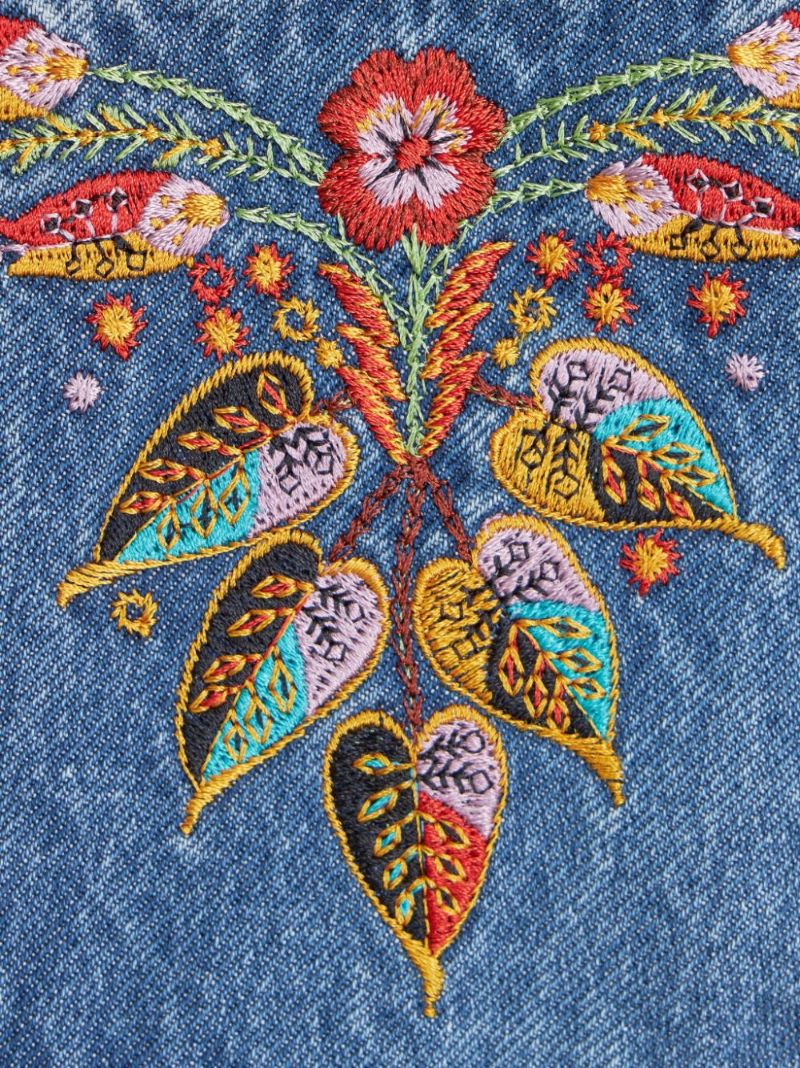 Blue Floral-embroidery Flared Jeans