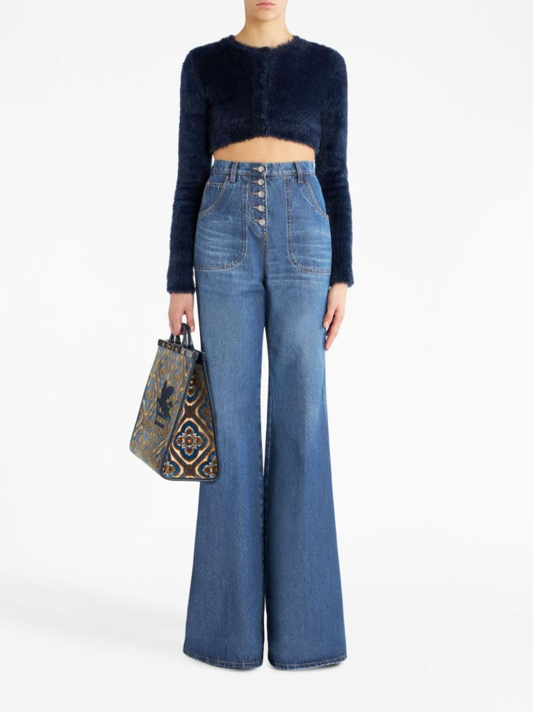 Blue Floral-embroidery Flared Jeans