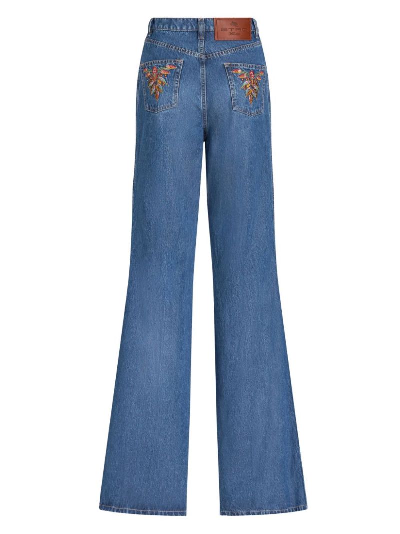 Blue Floral-embroidery Flared Jeans