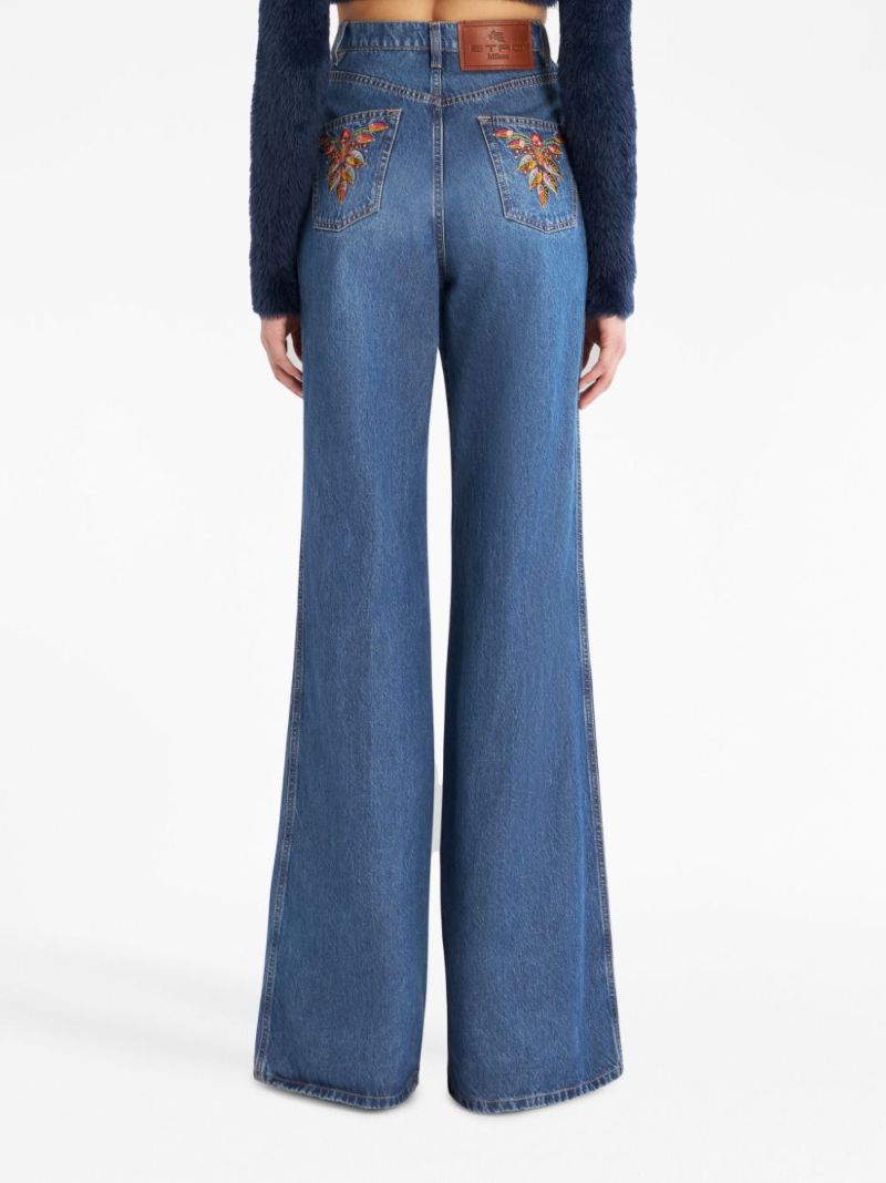 Blue Floral-embroidery Flared Jeans