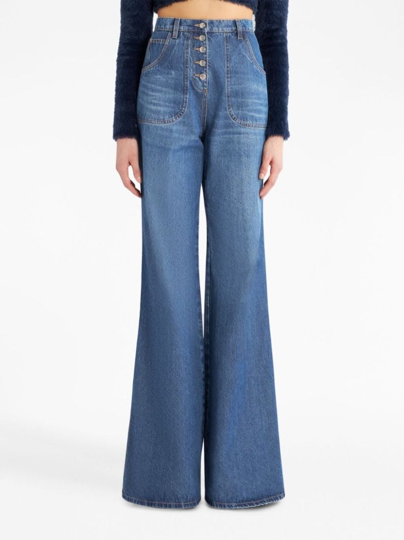 Blue Floral-embroidery Flared Jeans