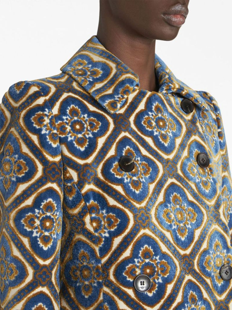 Blue Jacquard Double-breasted Velvet Peacoat
