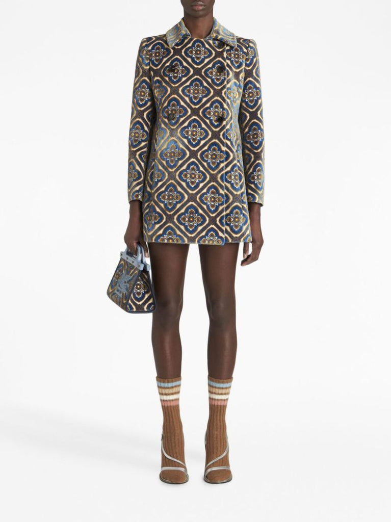 Blue Jacquard Double-breasted Velvet Peacoat