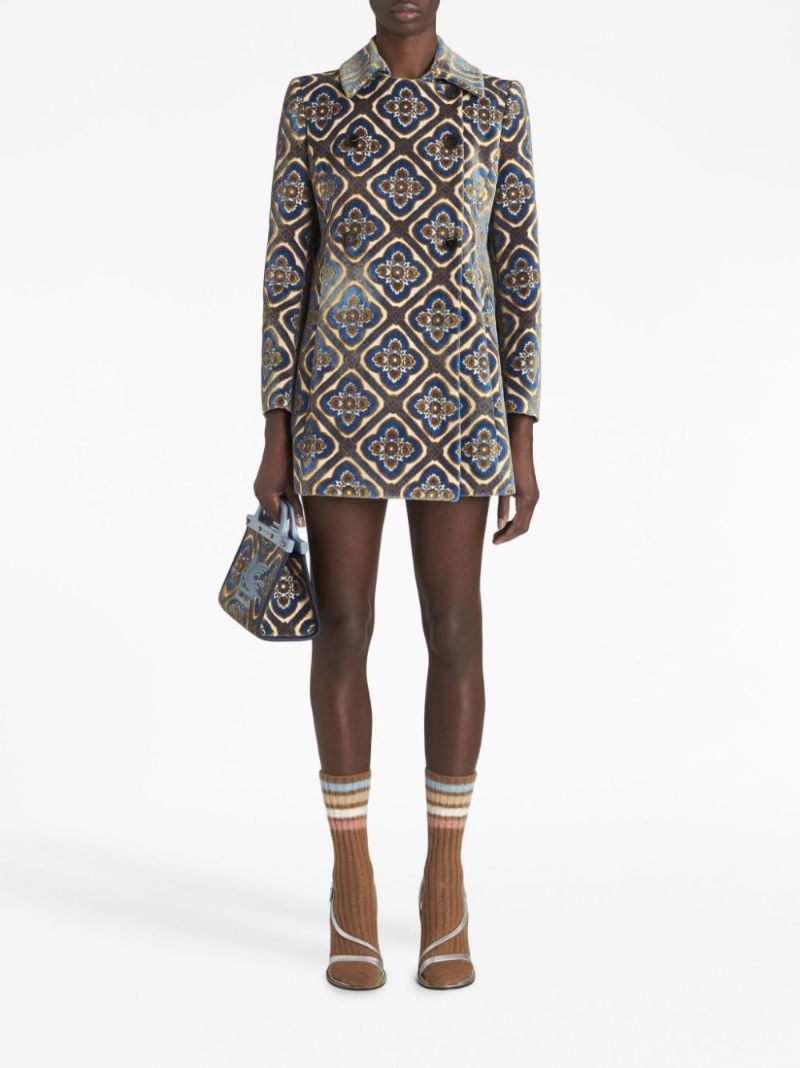 Blue Jacquard Double-breasted Velvet Peacoat
