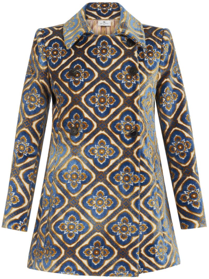 Blue Jacquard Double-breasted Velvet Peacoat